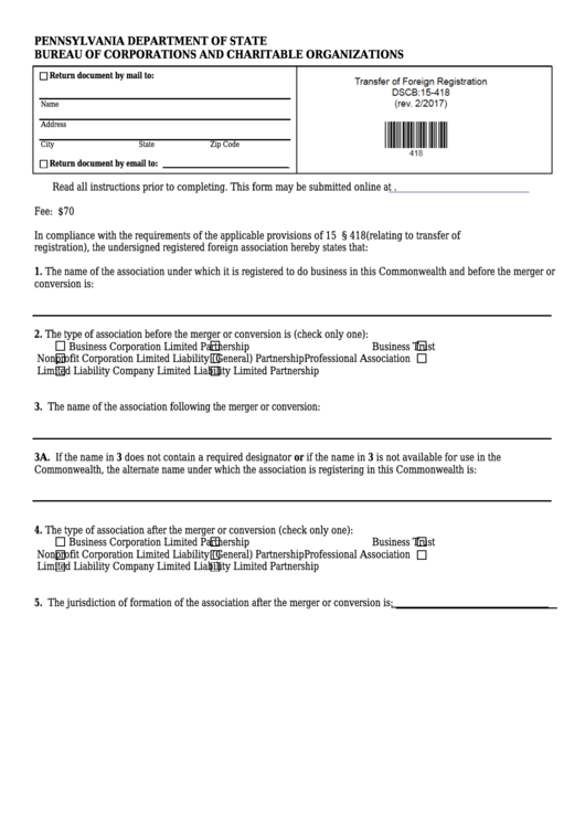 Fillable Form Dscb:15-418 - Transfer Of Foreign Registration Printable pdf