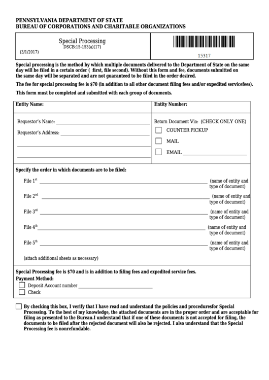 Fillable Form Dscb:15-153(A)(17) - Special Processing Printable pdf