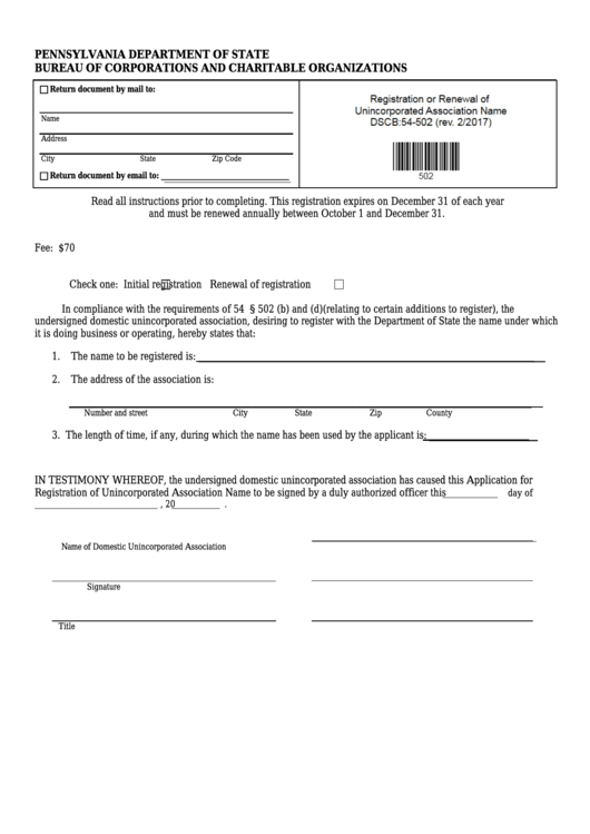 Fillable Form Dscb:54-502 - Registration Of Renewal Unincorporated Association Name Printable pdf