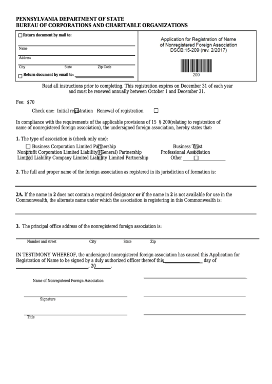 Fillable Form Dscb:15-209 - Application For Registration Of Name Of Nonregistered Foreign Association Printable pdf
