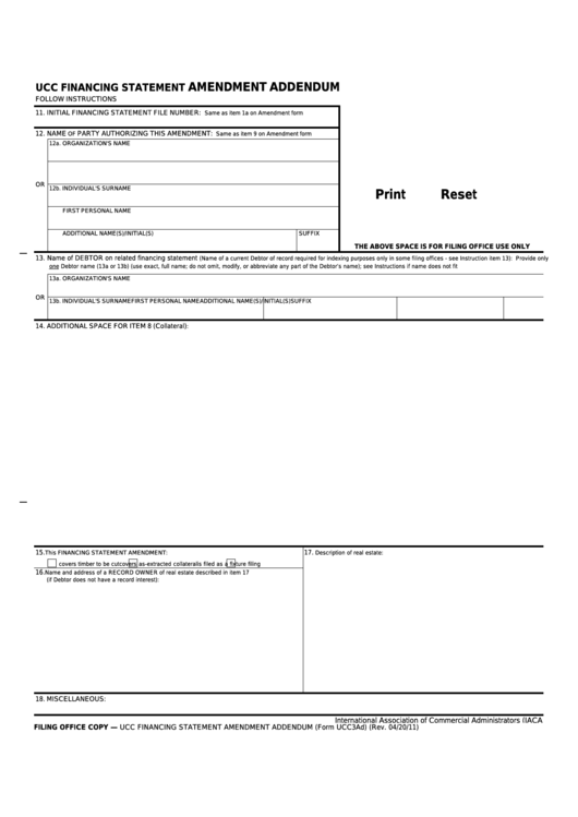 Fillable Form Ucc3ad - Ucc Financing Statement Amendment Addendum Printable pdf