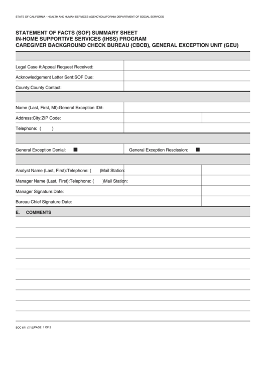Fillable Form Soc 871 - Statement Of Facts (Sof) Summary Sheet In-Home Supportive Services (Ihss) Program Caregiver Background Check Bureau (Cbcb), General Exception Unit (Geu) Printable pdf