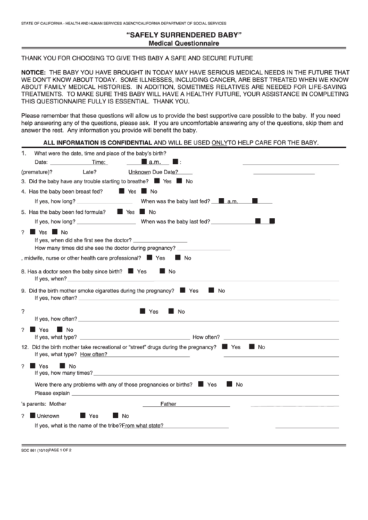 Fillable Form Soc 861 - "Safely Surrendered Baby" Medical Questionnaire Printable pdf