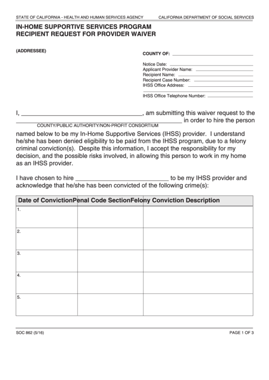 Fillable Form Soc 862 - In-Home Supportive Services Program Recipient Request For Provider Waiver Printable pdf