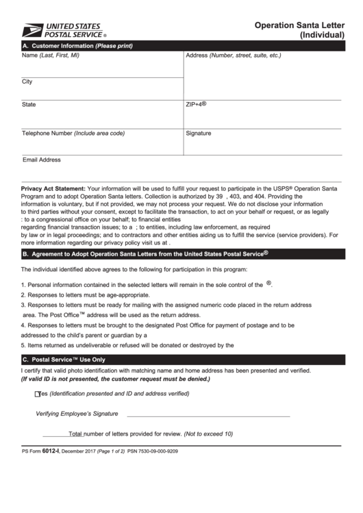 Ps Form 6012-I - Operation Santa Letter (Individual) Printable pdf