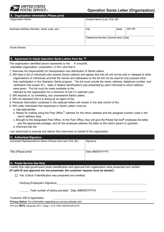 Ps Form 6012 - Operation Santa Letter (Organization) Printable pdf