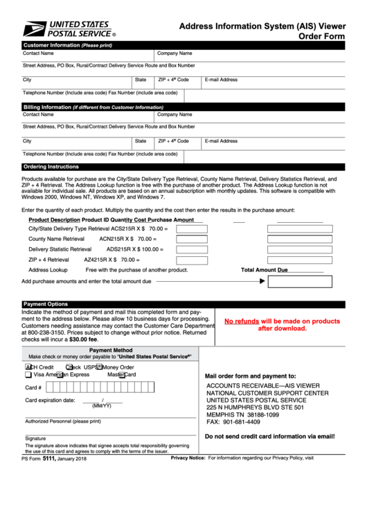 Ps Form 5111 - Address Information System (Ais) Viewer Order Form Printable pdf