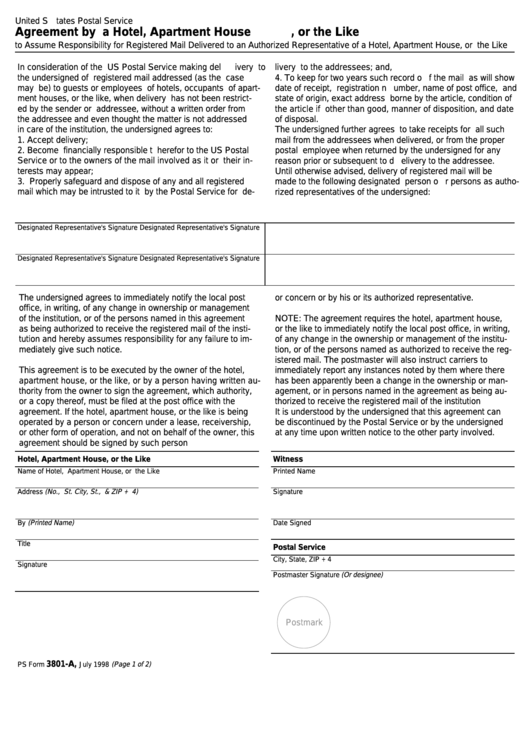 Fillable Ps Form 3801-A - Agreement By A Hotel, Apartment House, Or The Like Printable pdf