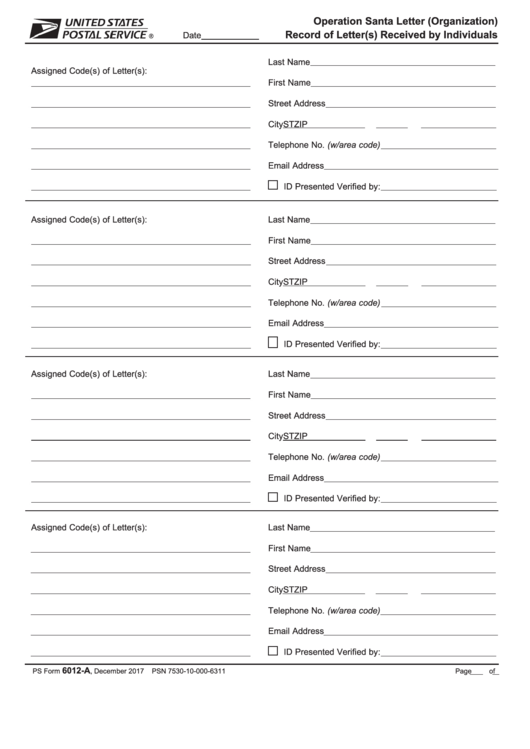 Ps Form 6012-A - Operation Santa Letter (Organization) Record Of Letter(S) Received By Individuals Printable pdf