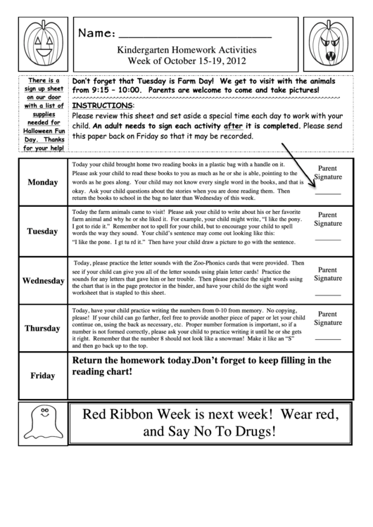 Kindergarten Homework Activities Template Printable pdf