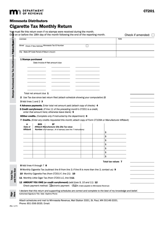 Fillable Form Ct201 - Cigarette Tax Monthly Return Printable pdf