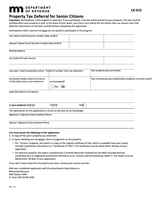 Fillable Form Cr-Scd - Property Tax Deferral For Senior Citizens Printable pdf