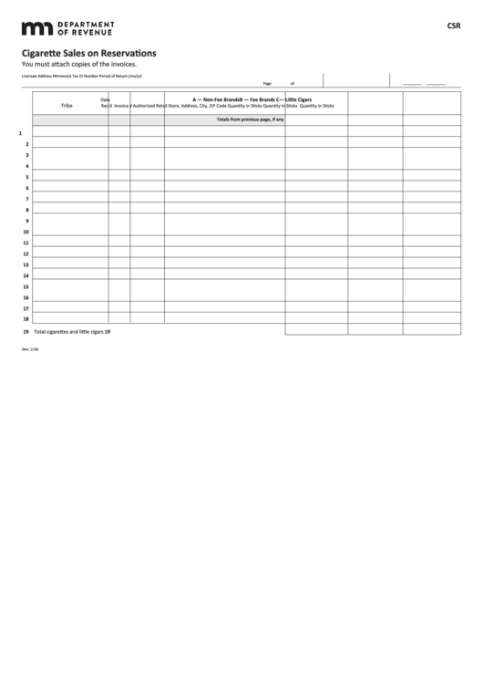 Fillable Form Csr - Cigarette Sales On Reservations printable pdf download