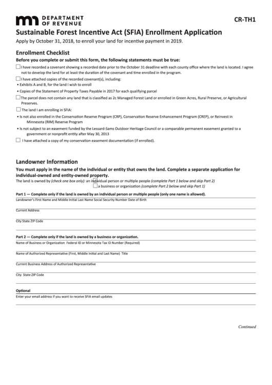 Fillable Form Cr-Th1 - Sustainable Forest Incentive Act (Sfia) Enrollment Application Printable pdf