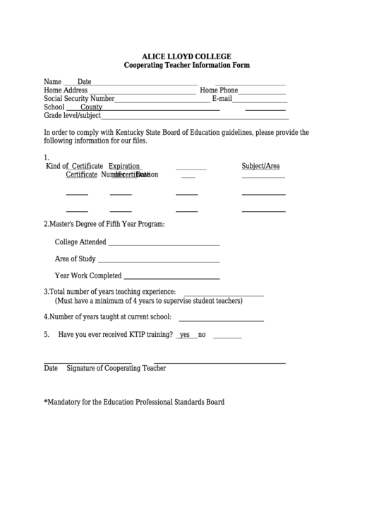 Cooperating Teacher Information Form Printable pdf