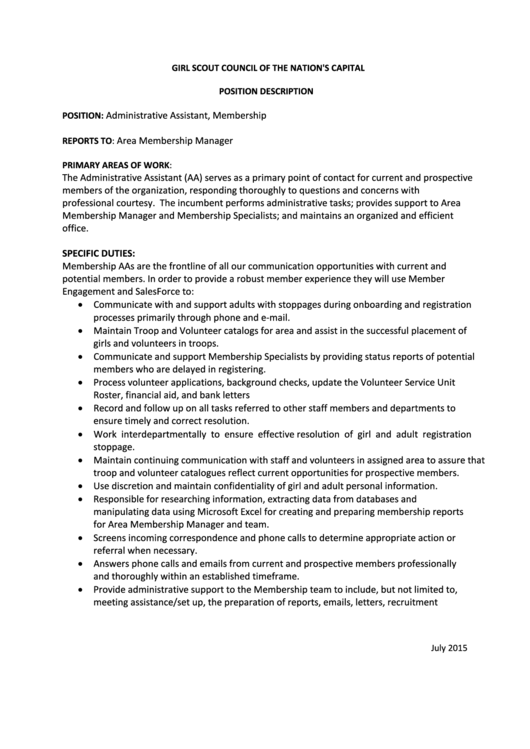 Position Description Template - Administrative Assistant - Membership Printable pdf