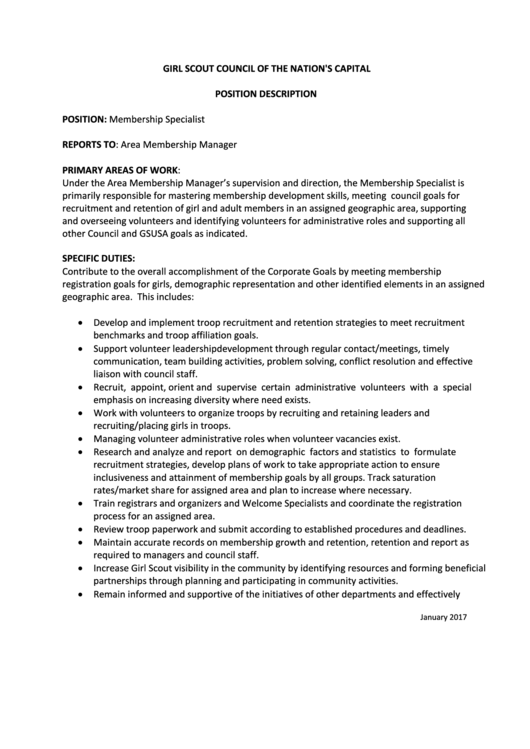 Position Description Template - Membership Specialist Printable pdf