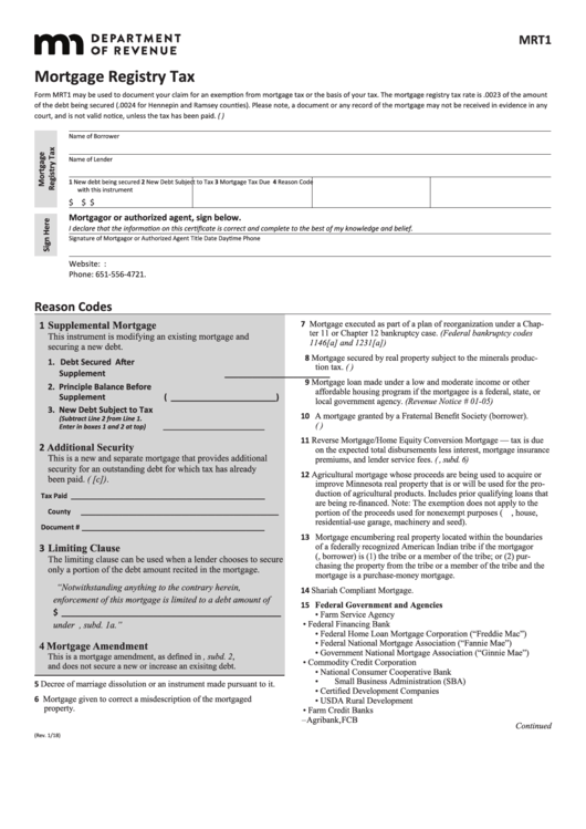 Fillable Form Mrt1 - Mortgage Registry Tax Printable pdf