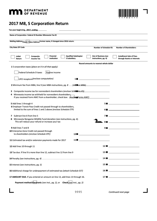 Fillable Form M8 - S Corporation Return - 2017 Printable pdf