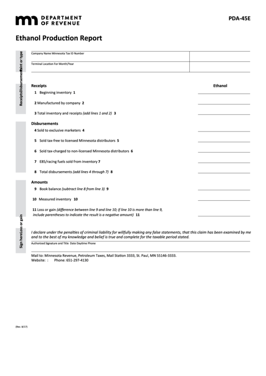 Fillable Form Pda-45e - Ethanol Production Report Printable pdf