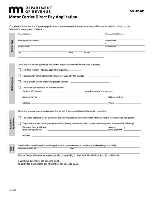 Fillable Form Mcdp-Ap - Motor Carrier Direct Pay Application Printable pdf