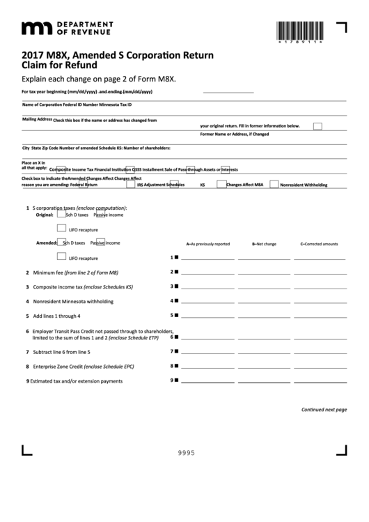 Fillable Form M8x - Amended S Corporation Return Claim For Refund - 2017 Printable pdf