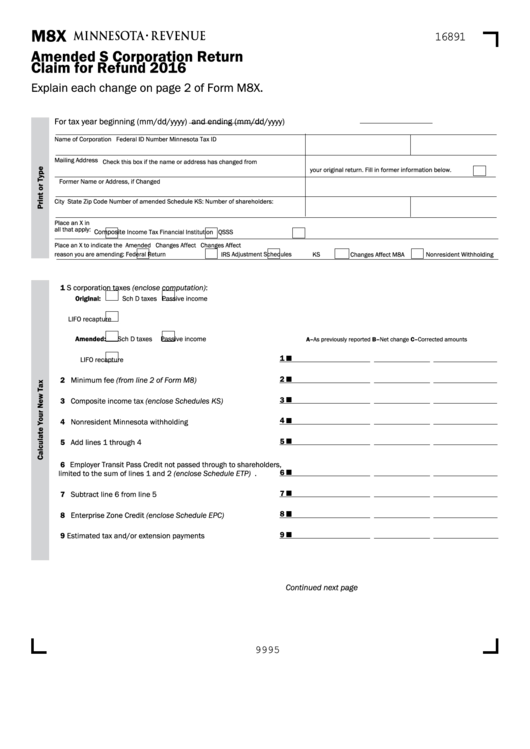 Fillable Form M8x - Amended S Corporation Return Claim For Refund - 2016 Printable pdf