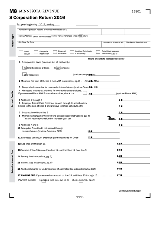 Fillable Form M8 - S Corporation Return - 2016 Printable pdf