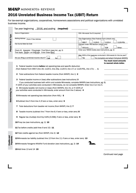 Fillable Form M4np - Unrelated Business Income Tax (Ubit) Return - 2016 Printable pdf