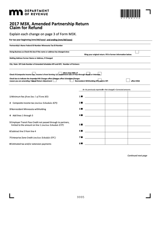 Fillable Form M3x - Amended Partnership Return Claim For Refund - 2017 Printable pdf