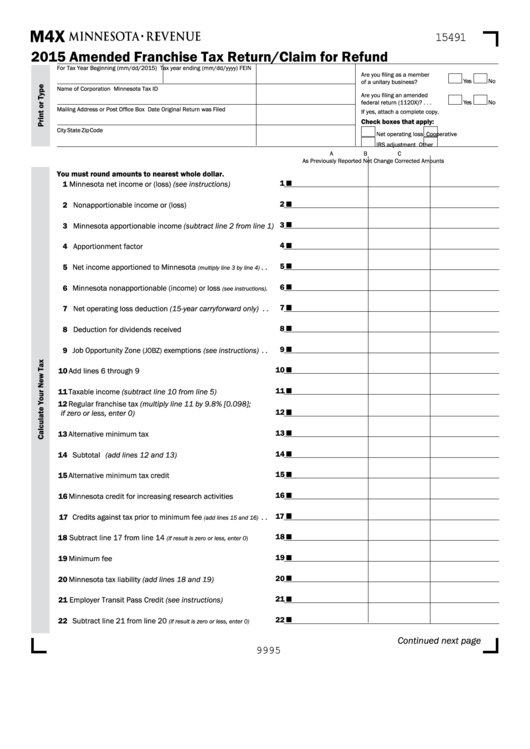 Fillable Form M4x - Amended Franchise Tax Return/claim For Refund - 2015 Printable pdf