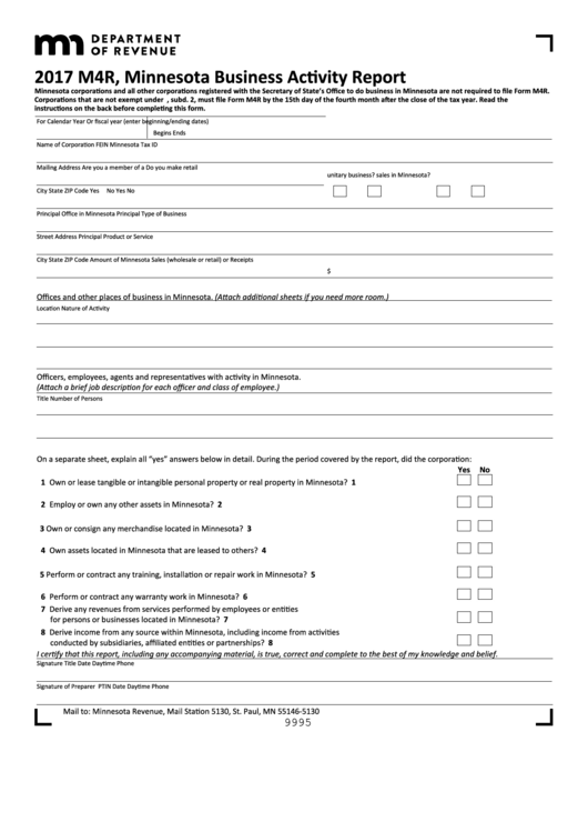 Fillable Form M4r - Minnesota Business Activity Report - 2017 Printable pdf