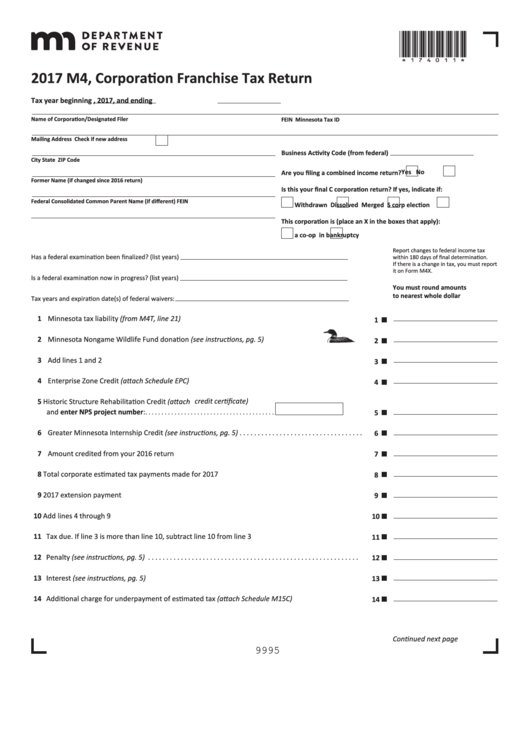 Fillable Form M4 - Corporation Franchise Tax Return - 2017 Printable pdf