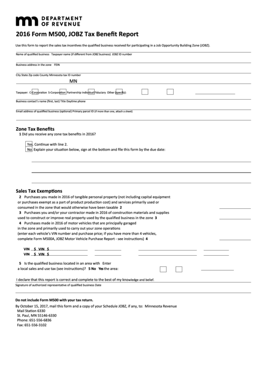 Fillable Form M500 - Jobz Tax Benefit Report - 2016 Printable pdf