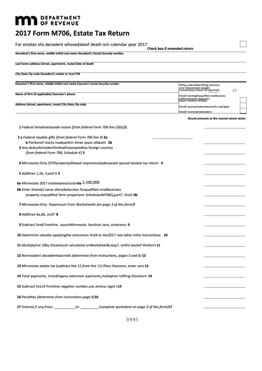 Fillable Form M706 - Estate Tax Return - 2017 Printable pdf