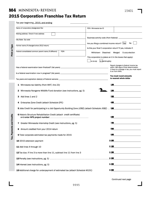 Fillable Form M4 - Corporation Franchise Tax Return - 2015 Printable pdf