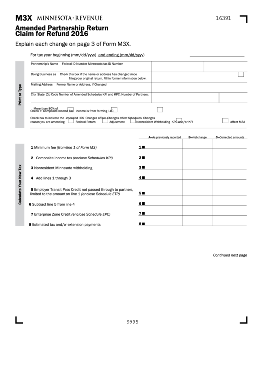 Fillable Form M3x - Amended Partnership Return Claim For Refund - 2016 Printable pdf