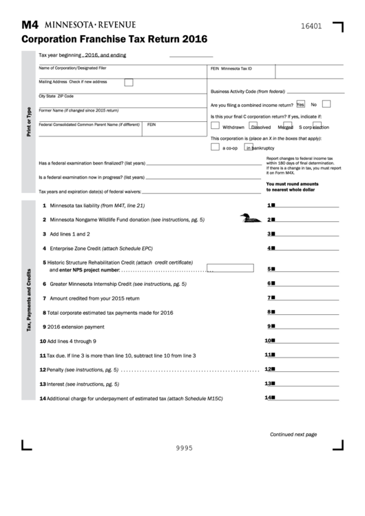 Fillable Form M4 - Corporation Franchise Tax Return - 2016 Printable pdf