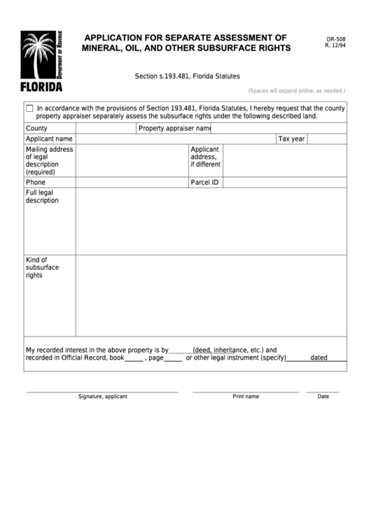 Form Dr-508 - Application For Separate Assessment Of Mineral, Oil, And Other Subsurface Rights Printable pdf