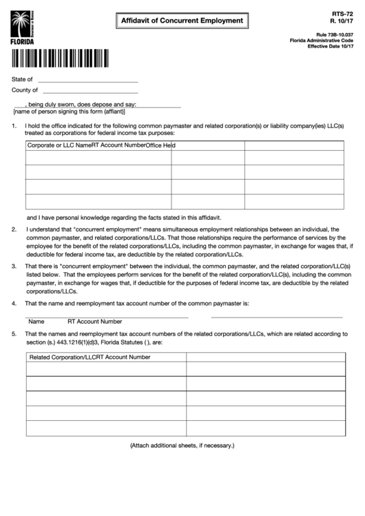 Fillable Form Rts-72 - Affidavit Of Concurrent Employment Printable pdf