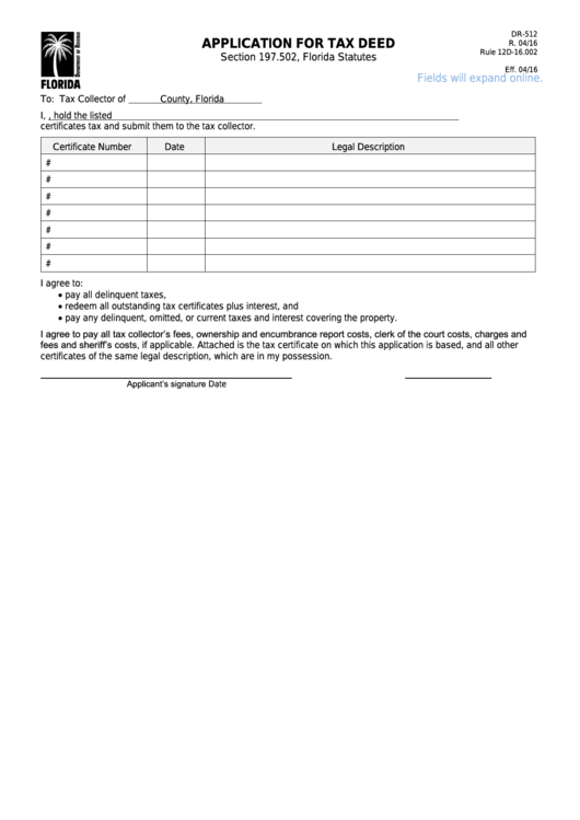Form Dr-512 - Application For Tax Deed Printable pdf