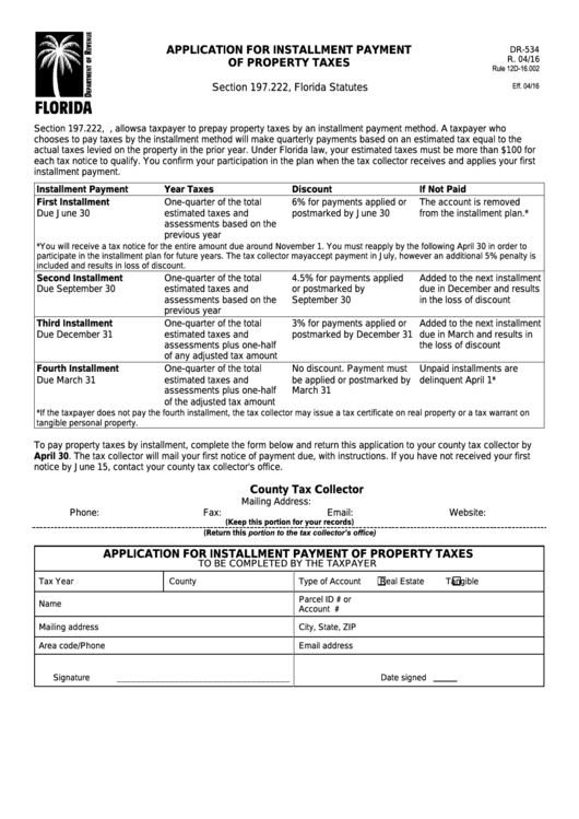 Form Dr-534 - Application For Installment Payment Of Property Taxes Printable pdf