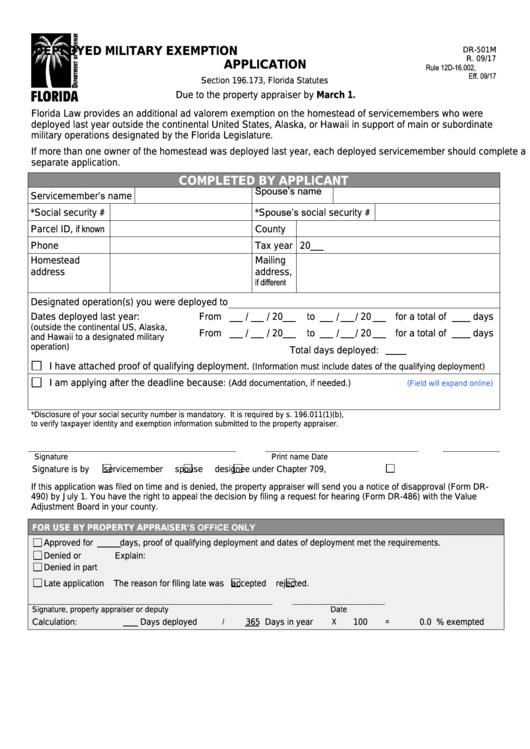 Form Dr-501m - Deployed Military Exemption Application Printable pdf