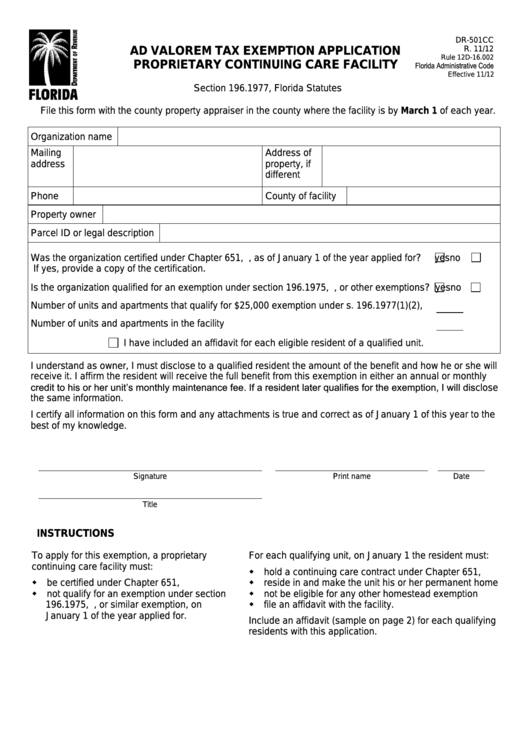 Form Dr-501cc - Ad Valorem Tax Exemption Application Proprietary Continuing Care Facility Printable pdf