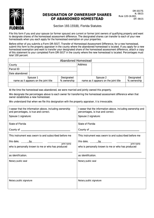 Form Dr-501ts - Designation Of Ownership Shares Of Abandoned Homestead Printable pdf