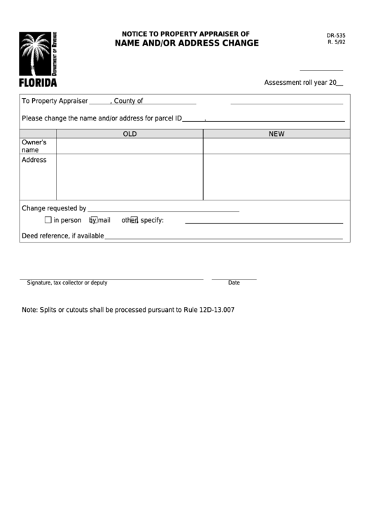 Form Dr-535 - Notice To Property Appraiser Of Name And/or Address Change Printable pdf