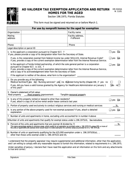 Form Dr-504ha - Ad Valorem Tax Exemption Application And Return Homes For The Aged Printable pdf