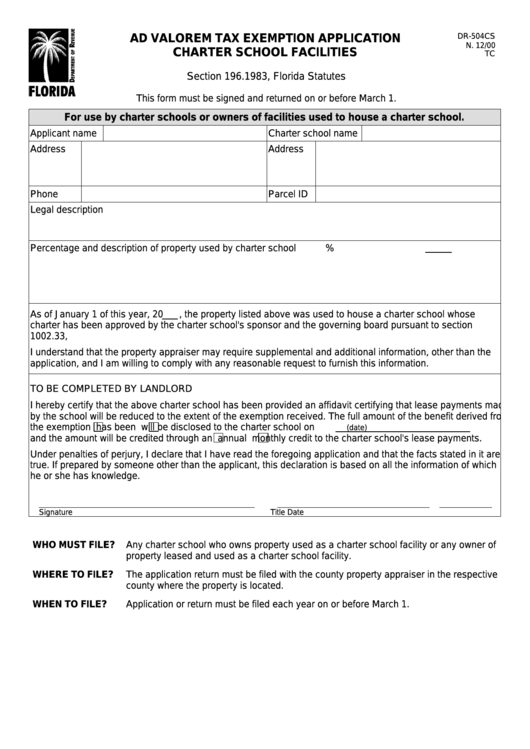 Form Dr-504cs - Ad Valorem Tax Exemption Application Charter School Facilities Printable pdf