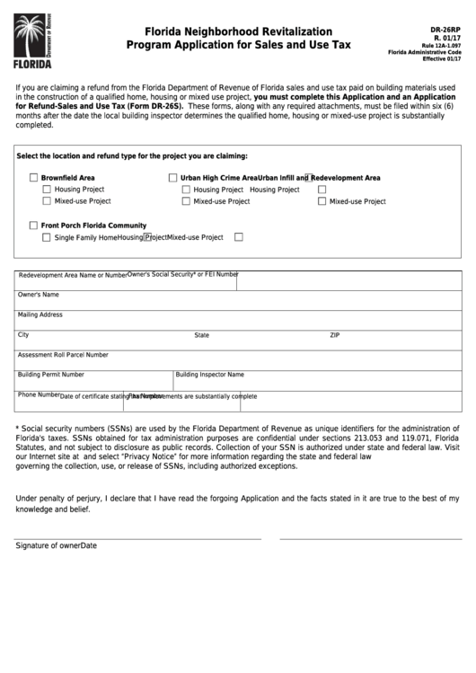 Form Dr-26rp - Florida Neighborhood Revitalization Program Application For Sales And Use Tax Printable pdf