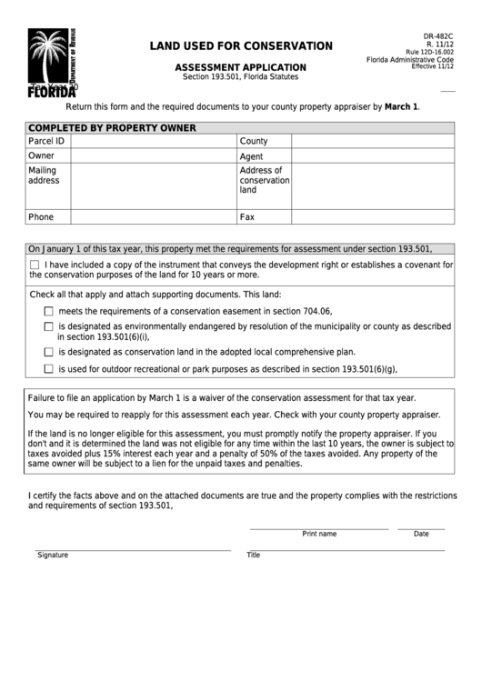 Form Dr-482c - Land Used For Conservation Assessment Application Printable pdf